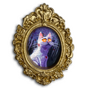 An ornate oval gold picture frame containing a painted illustration of a white cat with glowing orange eyes against a dark purple background, shown on a plain white backdrop.