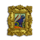 A small framed artwork featuring a colorful cat painting inside an ornate gold frame, shown against a plain white background.