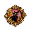 An ornate gold-colored frame featuring a colorful illustration of a black cat with bright green eyes against a pink and orange autumnal background.
