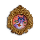 An ornate oval gold picture frame featuring a colorful illustration of a black cat with purple and orange tones, set against a plain white background.