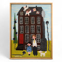 Illustration of a couple standing in front of a house with children playing on the roof, framed in wood.