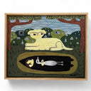Framed artwork of a large yellow dog lying in green grass, with a person buried underneath the grass. They are still alive, wear all black and hold a goose.