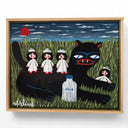 Framed artwork of a black cat with children sitting atop its back and a milk bottle against its side. They sit on a grassy field backdrop.