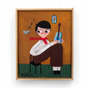 Painting on canvas of a man sitting in a tiny chair, he has long arms and long legs and holds a tiny blue guitar on his knee.