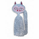 Polka dot cat-shaped flat wooden sculpture with pink accents.
