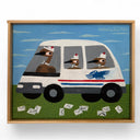 Painting of a mail truck with birds on a white background