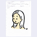 Painting of a cartoon girl's head with stark black outlines on memo paper.