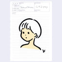 Painting of a cartoon girl's head with stark black outlines on memo paper.