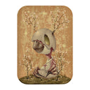 Brown toned painting of a pink bird with an egg over its head like half helmet.