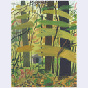An abstract landscape painting depicting a dense forest with vertical tree trunks, layered brushstrokes of yellow-green foliage, and a small dark house in the background.
