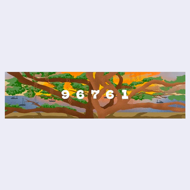 Bumper sticker of a colorful nature illustration, 2 large trees intertwined with one another in front of an ocean with boats at sunset. "96761" is written in white across the center.