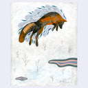 Artwork of an orange and gray fox, jumping up with abstract wind lines coming off of it.