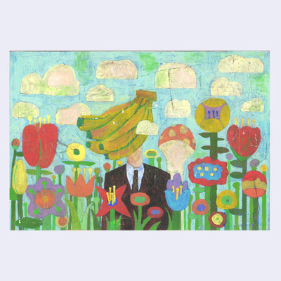 Collage style painting of a person in a suit standing in a flower field. Their face is covered by a bunch of bananas, akin to Rene Magritte. Chunky clouds float in the blue sky.