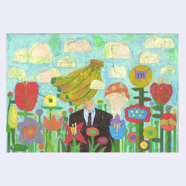 Collage style painting of a person in a suit standing in a flower field. Their face is covered by a bunch of bananas, akin to Rene Magritte. Chunky clouds float in the blue sky.