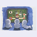 Marker illustration of 3 white, simplistic characters seen from behind, sitting on the ground and staring at a large TV with Mario on it.