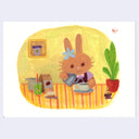 Cute, cartoon style illustration of a brown bunny pouring coffee on a striped table with coffee ingredients nearby.