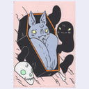 Painting of a cartoon purple bat, laying in a coffin with a black ghost coming out of it. A partially buried skull lays at the side of the coffin.