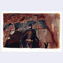 Painting of a film still from Batman returns of Batman in full costume outside of a warehouse with busted windows.