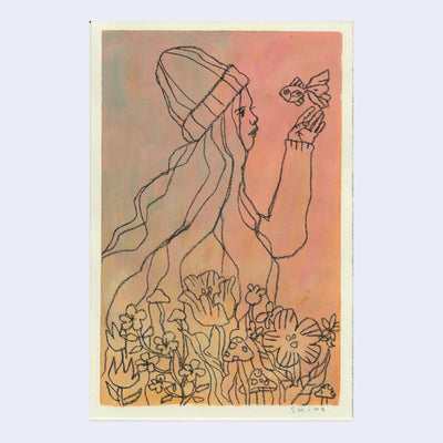 Sketch on pink and orange background of a girl with long flowing hair wearing a beanie and holding her hand up to a goldfish that swims by in the air.