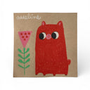 Illustration of a red cartoon bear, sitting next to a pink flower.