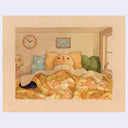 Illustration on brown toned paper of a simplistic character laying in bed, under a quilt made of squares with flower details and against 3 different colored pillows. Hidden under a part of the sheet is a black blob monster.