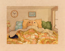 Illustration on brown toned paper of a simplistic character laying in bed, under a quilt made of squares with flower details and against 3 different colored pillows. Hidden under a part of the sheet is a black blob monster.