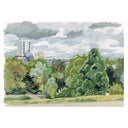 A gouache landscape painting featuring lush green trees in the foreground, a cloudy gray and white sky, and a distant cityscape with a prominent white tower, presented on a white background.