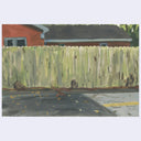 An impressionistic painting of a weathered light green wooden fence in front of a red house and dark roof, with a dark street and scattered yellow leaves in the foreground.
