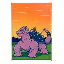 A vertical canvas artwork featuring a whimsical illustration of a pink turtle monster with a dark gray spiked shell carrying a small knight under a bright orange sunset sky.