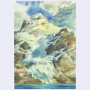 Watercolor painting of a snowy mountain landscape with blue sky and water, shown centered on a light gray background.