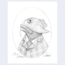 Softly rendered graphite illustration on off white paper of a fish wearing a suit, depicted as a portrait and seen only from the chest up.