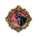 A vintage-style brooch featuring a gold ornate frame enclosing a circular illustration of a snarling black dog with a green collar on a pink background.