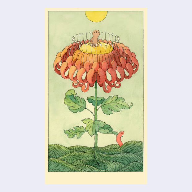 Painting on cream paper of a large, single red chrysanthemum sprouting from a wavy green ground, with its petals curling to unfold. A small pink worm pops up from the ground and a small round headed character sits in the middle atop the tall flower.