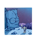 A square painting of a stylized blue rock sculpture of Bart Simpson in a blue-purple mountain landscape with an armored figure examining it, standing on a rocky landscape under a starry purple and blue sky.