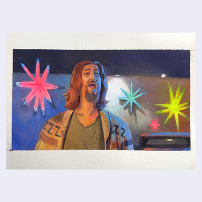 Painting of a film still from The Big Lebowski of a man with long hair and a goatee standing outside of a bowling alley with neon star shaped lights, he slightly sticks his tongue out.