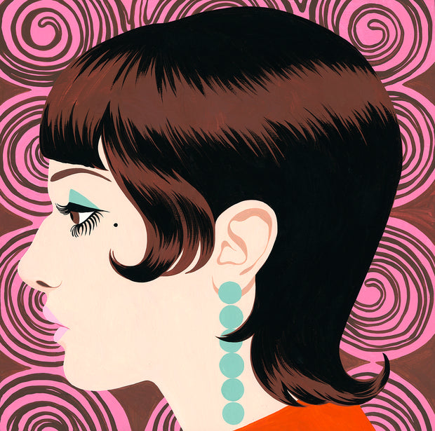 Painting of a woman's face, seen from the side in profile view. She has cropped brown hair, long fake lashes, blue eyeshadow and a string of blue bead earring. Background is a psychedelic brown and pink swirl pattern. 