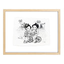 Illustration of 2 cartoon characters in traditional Japanese attire but modern sneakers, one rides a bike with a dog in its backpack and the other character greets the dog.