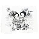 Illustration of 2 cartoon characters in traditional Japanese attire but modern sneakers, one rides a bike with a dog in its backpack and the other character greets the dog.