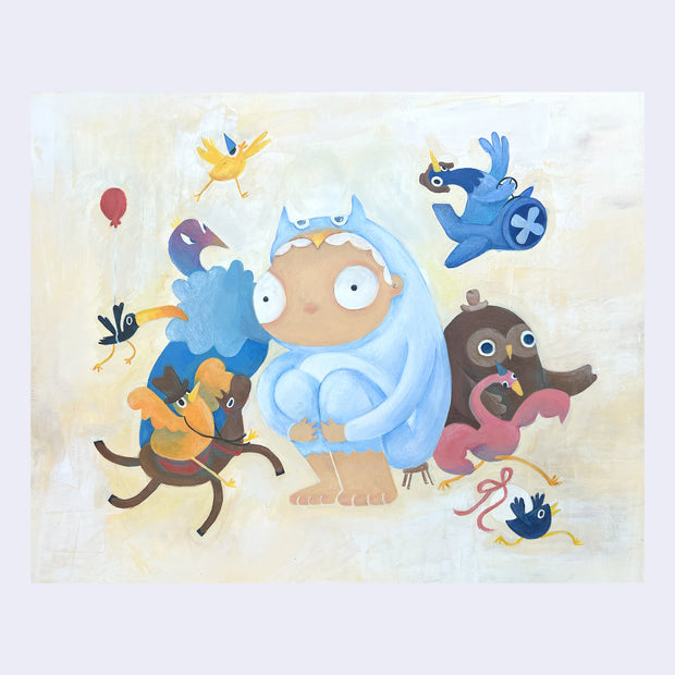Illustrative style painting of a person with large eyes, sitting on the ground wearing a blue bird costume. Around them are various birds, some are wearing hats and others are riding objects, such as a horse, plane, or balloon.