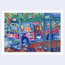 A colorful hand-drawn illustration of a vintage bus at a bus stop, with trees, brick pavement, and pigeons, presented on a white background.