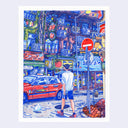 A colorful illustration of a street scene with a person walking in front of a red taxi, featuring vibrant blue, green, and red tones, shown on a light gray background.