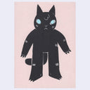 Painting of a black cartoon cat, standing on its hind legs with blue eyes against a pink background.