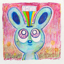 Oil pastel illustration of a blue cartoon bunny with dreamy pink eyes. The word "home" beams out of his forehead.