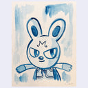 Blue ink or watercolor illustration of a cartoon bunny with an "m" on its forehead and a mischievous expression.