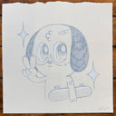 Colored pencil illustration of a cute cartoon puppy holding a skateboard under its arm and throwing up a peace sign.