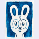 Blue marker illustration of a cartoon bunny with huge eyes, making a tongue out expression.