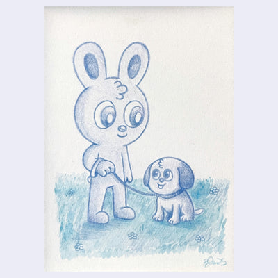 Cartoon character with rabbit ears holding a dog on a leash against a light background