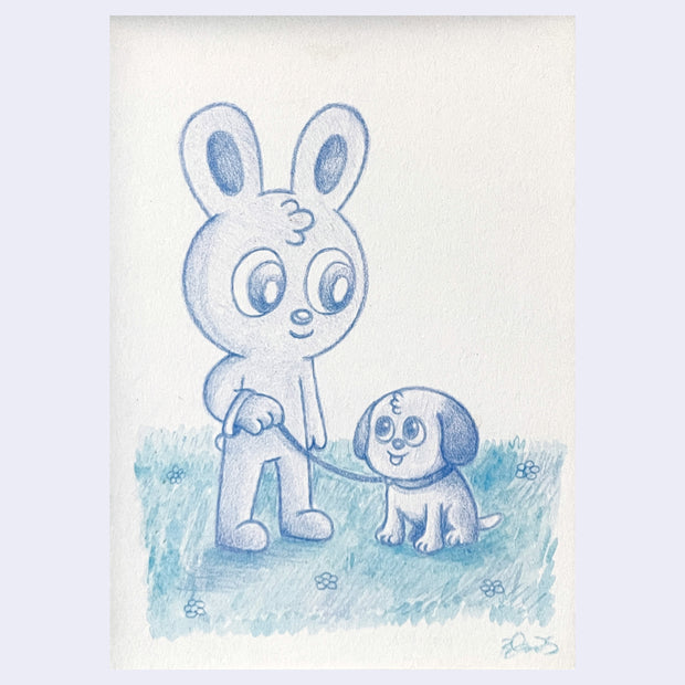 Cartoon character with rabbit ears holding a dog on a leash against a light background