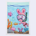 Painting of a cute pink rabbit snorkeling amongst colorful fish and coral.