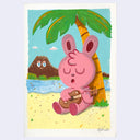 Painting of a pink rabbit character playing a ukelele under a palm tree on a beach.